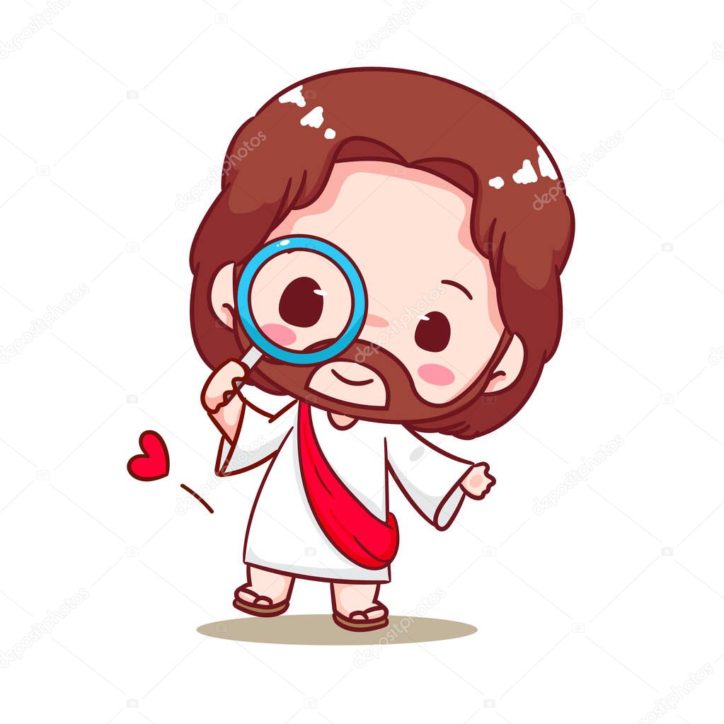 Cute Jesus Holding Magnifying glass Cartoon Vector. Christianity Religion Concept Design. Adorable Chibi Jesus Christ Character Illustration. Isolated White Background.