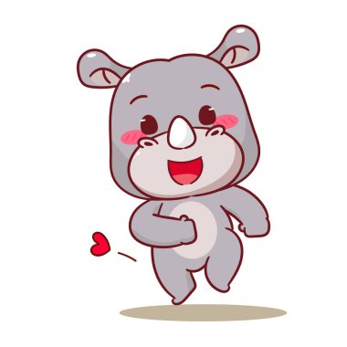 Şirin Mutlu Gergedan Çizgi Filmi Vektör İllüstrasyonu. Sevimli Kawaii Hayvan Karakteri Simge Maskot Tasarımı. İzole Beyaz Arkaplan.