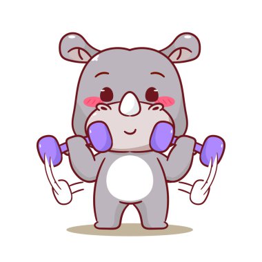 Sevimli Gergedan Kaldıran Aptal Çizgi Film Vektör İllüstrasyonu. Sevimli Kawaii Hayvan Karakteri Simge Maskot Tasarımı. İzole Beyaz Arkaplan.