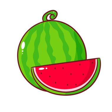 Karpuz Çizgi Film Vektörü. Fruit Summer Concept Design Illustration. El çizimi stili. İzole edilmiş beyaz arkaplan.