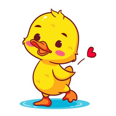 Şirin küçük ördek Su Çizgi Filmi Vektörü 'ne bakıyor. Sevimli ve Kawaii Hayvan Tasarımı. Simge Maskotu Resimleri İzole Edilmiş Beyaz Arkaplan.