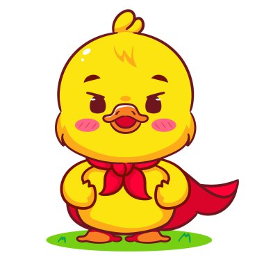 Şirin Küçük Ördek Süper Kahraman Çizgi Film Vektörü. Sevimli ve Kawaii Hayvan Tasarımı. Simge Maskotu Resimleri İzole Edilmiş Beyaz Arkaplan.