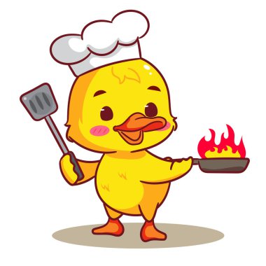 Şapkalı Şirin Küçük Şef Ördek, Pan ve Spatula Çizgi Film Vektörü. Sevimli ve Kawaii Hayvan Tasarımı. Simge Maskotu Resimleri İzole Edilmiş Beyaz Arkaplan.