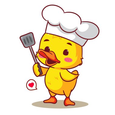 Şirin Şefli Ördek ve Spatula Çizgi Film Vektörü. Sevimli ve Kawaii Hayvan Tasarımı. Simge Maskotu Resimleri İzole Edilmiş Beyaz Arkaplan.