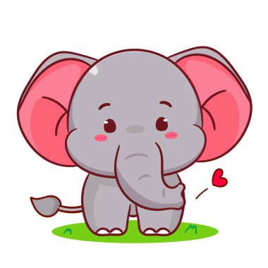 Şirin fil, yürüyen bir çizgi film vektörüne gidiyor. Tapılası ve kawaii hayvan tasarımı. Maskot, ikon, logo çizimi. İzole edilmiş beyaz arkaplan