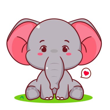 Çim çizgi film vektörünün üzerinde oturan sevimli fil. Tapılası ve kawaii hayvan tasarımı. Maskot, ikon, logo çizimi. İzole edilmiş beyaz arkaplan