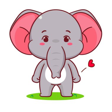 60 santimlik çizgi film vektörüyle duran şirin bir fil. Tapılası ve kawaii hayvan tasarımı. Maskot, ikon, logo çizimi. İzole edilmiş beyaz arkaplan