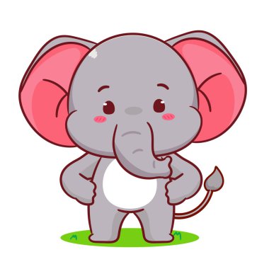 Elleri belinde çizgi film vektörü olan sevimli bir fil. Tapılası ve kawaii hayvan tasarımı. Maskot, ikon, logo çizimi. İzole edilmiş beyaz arkaplan