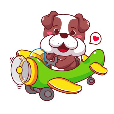 Uçak Çizgi Filmi Vektör İllüzyonu 'ndaki şirin Bulldog. Kawaii Sevimli Hayvan Pilot Tasarımı. Seyahat ve Ulaşım Temaları. İzole Beyaz Arkaplan.