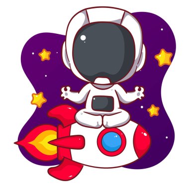 Uzay gemisi çizgi film karakterinde oturan sevimli astronot. Uzay ve bilim konsept tasarımı. El çizimi düz, tapılası Chibi vektör çizimi. Simge logosu maskotu izole edilmiş arkaplan.