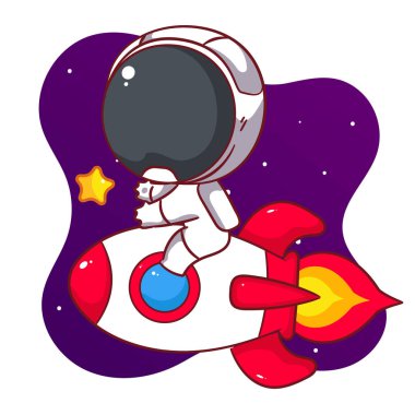Roket karikatür karakterine binen sevimli astronot. Uzay ve bilim konsept tasarımı. El çizimi düz, tapılası Chibi vektör çizimi. Simge logosu maskotu izole edilmiş arkaplan.