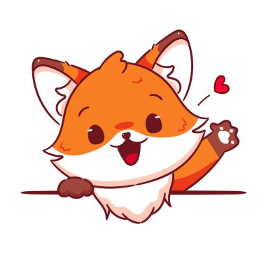 Sevimli Tilki selamlaşmak için el sallıyor. Beyaz arkaplanda izole edilmiş chibi karakterinin vektör illüstrasyonu.