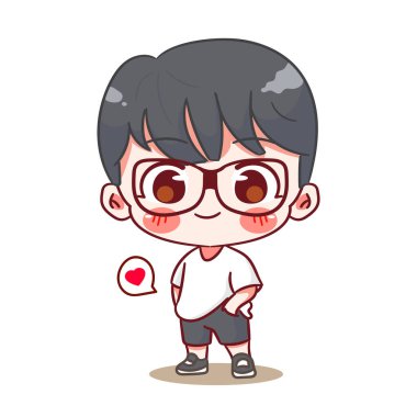 Cam ve tişört giyen sevimli çocuk çizgi film karakteri. Kore tarzı moda. İnsanlar konsept tasarımı yapar. Chibi vektör çizimi. İzole edilmiş beyaz arkaplan