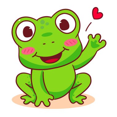 Sevimli kurbağa çizgi film karakteri el sallıyor. Sevimli hayvan konsepti tasarımı. İzole edilmiş beyaz arka plan. Vektör sanatı illüstrasyonu.