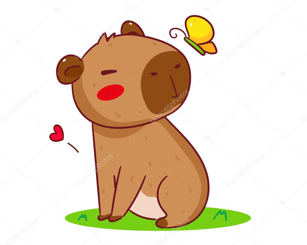 Cute Capybara and Butterfly Cartoon Vector. Adorable and Kawaii Animal Concept Design. Hand drawn style. Icon Mascot Logo Illustration. Isolated White Background.