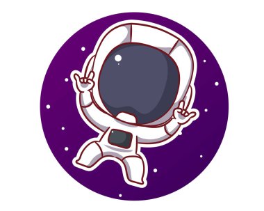 Metal el işaretli çizgi film karakteriyle uzayda yüzen sevimli astronot. Uzay ve bilim konsept tasarımı. El çizimi düz, tapılası Chibi vektör çizimi. Simge logosu maskotu izole edilmiş arkaplan.