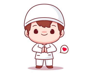 Tatlı Müslüman çocuk selamlaması çizgi film karakteri pozu veriyor. Ramazan Bayramı İslami Kavram Tasarımı kutlu olsun. Kawaii ve sevimli vektör çizimi.