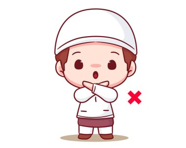 Tatlı müslüman çocuk poz veriyor. Çizgi film karakteri gibi şarkı söylemeyi bırak. Ramazan Bayramı İslami Kavram Tasarımı kutlu olsun. Kawaii ve sevimli vektör çizimi.