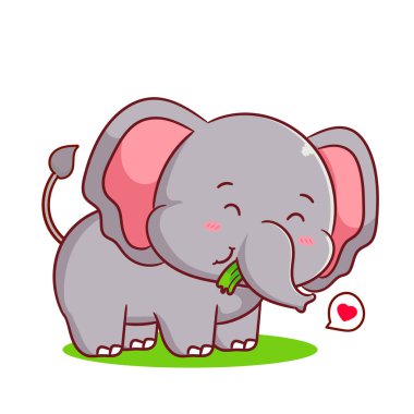 Ot yiyen şirin bir fil. Kawaii hayvan konsepti tasarımı. Vektör sanatı illüstrasyonu.