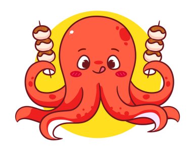 Takoyaki çizgi film karakteri tutan sevimli mürekkep balığı. Tapılası kawaii hayvan tasarımı. Maskot Restoranı Logo vektör illüstrasyonu.