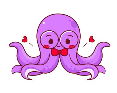 Gözlüklü sevimli mürekkep balığı çizgi film karakteri. Tapılası kawaii hayvan tasarımı. Maskot Logo vektör illüstrasyonu.