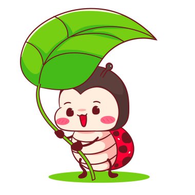 Yaprak çizgi film karakteri tutan tatlı savaş böceği. Kawaii hayvan el yapımı konsept tasarımı. Vektör sanat maskotu logosu illüstrasyonu