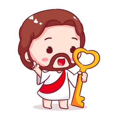 Sevimli İsa chibi elinde altın anahtar çizgi film karakteri tutuyor. Hıristiyan Katolik tasarımı. Vektör simgesi çizimi.