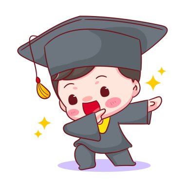 Mezuniyetin kutlu olsun. Cici çocuk kep ve cübbeyle poz veriyor. Eğitim konsepti tasarımı. Kawaii chibi çizgi film karakteri çizimi