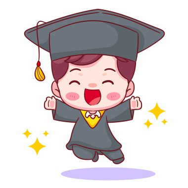 Mezuniyetin kutlu olsun kepli ve cüppeli şirin çocuk. Eğitim konsepti tasarımı. Kawaii chibi çizgi film karakteri çizimi