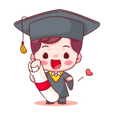 Mezuniyetin kutlu olsun. Elinde kep ve cübbeyle diploma tutan tatlı çocuk. Eğitim konsepti tasarımı. Kawaii chibi çizgi film karakteri çizimi