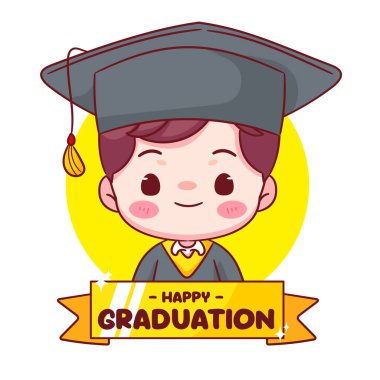 Mezuniyetin kutlu olsun kepli ve cüppeli yakışıklı çocuk. Eğitim konsepti tasarımı. Kawaii chibi çizgi film karakteri çizimi