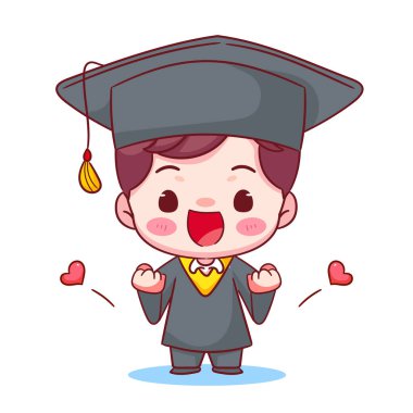 Mezuniyetin kutlu olsun kepli ve cüppeli yakışıklı çocuk. Eğitim konsepti tasarımı. Kawaii chibi çizgi film karakteri çizimi