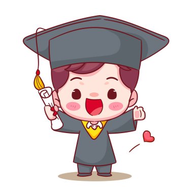 Mezuniyetin kutlu olsun. Elinde kep ve cübbeyle diploma tutan tatlı çocuk. Eğitim konsepti tasarımı. Kawaii chibi çizgi film karakteri çizimi