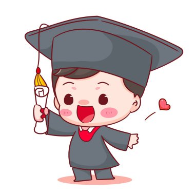 Mezuniyetin kutlu olsun. Elinde kep ve cübbeyle diploma tutan tatlı çocuk. Eğitim konsepti tasarımı. Kawaii chibi çizgi film karakteri çizimi