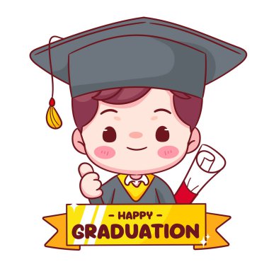 Mezuniyetin kutlu olsun, sevimli çocuk başparmağını kep ve cübbeyle gösteriyor. Eğitim konsepti tasarımı. Kawaii chibi çizgi film karakteri çizimi