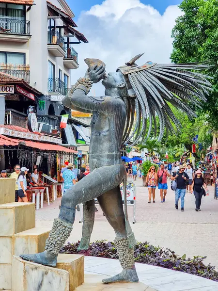 stock image Mexico, Playa del Carmen, December 17, 2023, statue of a Mayan warrior playing a conch shell