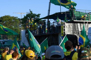 Campo Grande, MS, Brezilya - 06 Kasım 2022: Brezilyalı protestocular Lula seçimlerine karşı federal müdahale istiyorlar. Caxias Bulvarı, CMO 'nun önünde, askeri bölge..