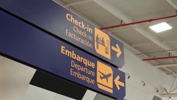 Airport Signage Indicating Check Desks Departure Area — Stockvideo