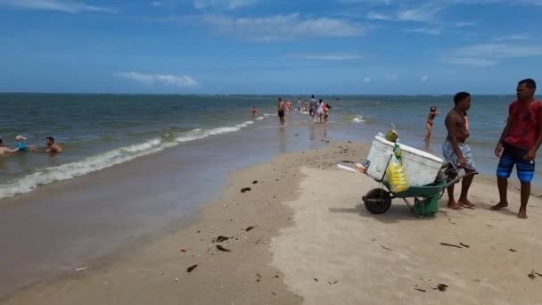 サンタ クルス カブラリア ブラジル 2023年1月5日 上昇する潮流を持つモーゼスの道 Coroa Vermelhaビーチの海の真ん中にある砂州 — ストック動画