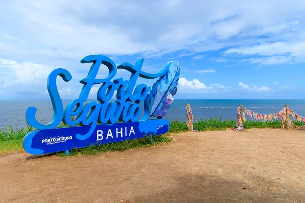 Porto Seguro, BA, Brazil - January 03, 2023: touristic Porto Seguro written landmark, located at the Historic Center of Porto Seguro.