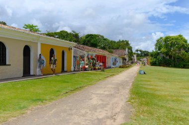 Porto Seguro, BA, Brazil - January 03, 2023: colored historic buildings of the Historic Center of Porto Seguro.