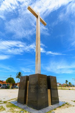 Santa Cruz Cabralia, BA, Brazil - January 05, 2023: the cross of Coroa Vermelha, monument in honor to the first mass of Brazil by the portuguese. Tourist destination of Bahia state. 