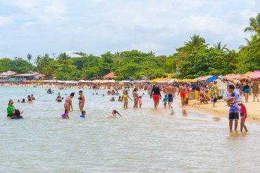 Santa Cruz Cabralia, BA, Brezilya - 05 Ocak 2023: Bahia eyaletinin bir turizm beldesi olan Coroa Vermelha plajının manzarası. Brezilya 'nın keşfedildiği zamandan kalma tarihi plaj.