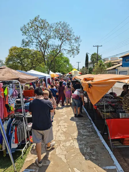 Campo Grande, MS, Brezilya - 18 Eylül 2022: Bosque da Paz Meydanı 'ndaki kültür fuarındaki insanlar. Fuarda el işi, yiyecek ve yerel ürünler satan dükkanlar..