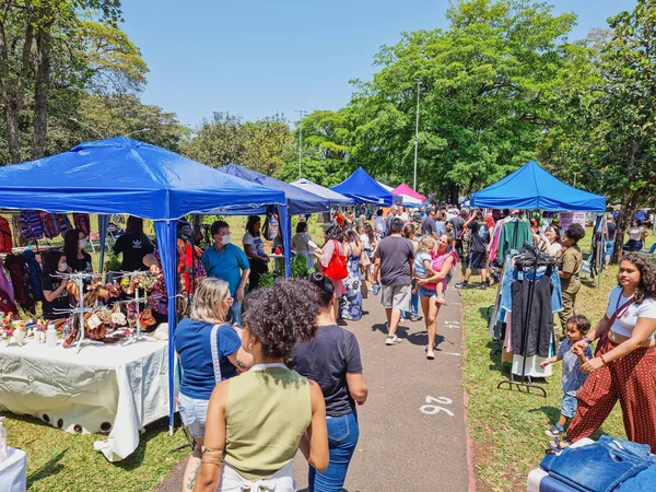 Campo Grande, MS, Brezilya - 18 Eylül 2022: Bosque da Paz Meydanı 'ndaki kültür fuarındaki insanlar. Fuarda el işi, yiyecek ve yerel ürünler satan dükkanlar..