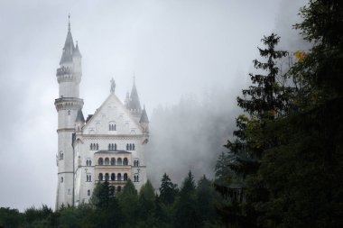 Fussen 'deki Neuschwanstein Şatosu, XIX yüzyılının şaşırtıcı neo gotik sarayı ve Almanya' nın en ünlü Bavyerası. Yağmurlu ve sisli bir günde uzaktan bak