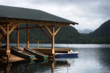 Schwangau 'da Alpsee Gölü, Fussen' de Neuschwanstein şatosu yakınlarında, Almanya 'nın ünlü Bavyera kenti. Sahilden, kayıklarla ve öndeki rıhtımla dramatik manzarayı seyret.