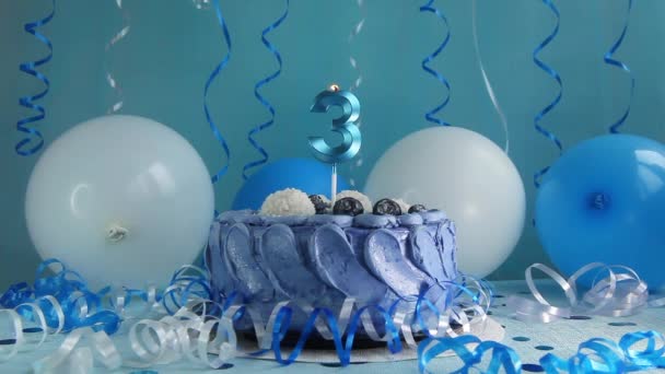 Joyeux Gâteau Troisième Anniversaire Marine Bougie Numéro Trois Avec Ballons — Video