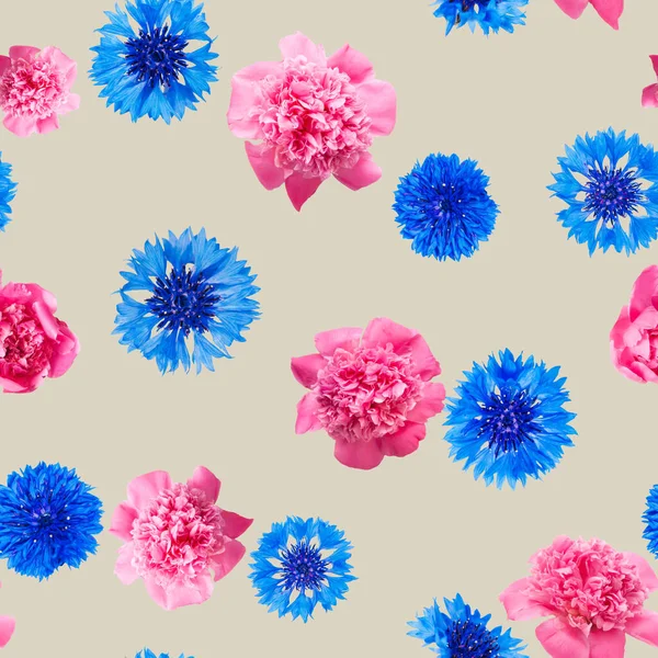 Nahtloses Muster Aus Rosa Pfingstrose Und Blauen Kornblumenblüten Auf Beigem Stockbild