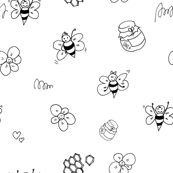 Roztomilé Usmívající Včela Medem Květinami Černo Bílé Ručně Kreslené Bezešvé — Stock fotografie
